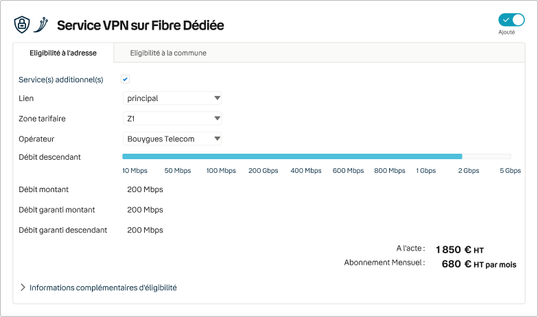Maquette de la carte de configuration d'un service VPN, intégrant des prix et débits réalistes mais non contractuels.